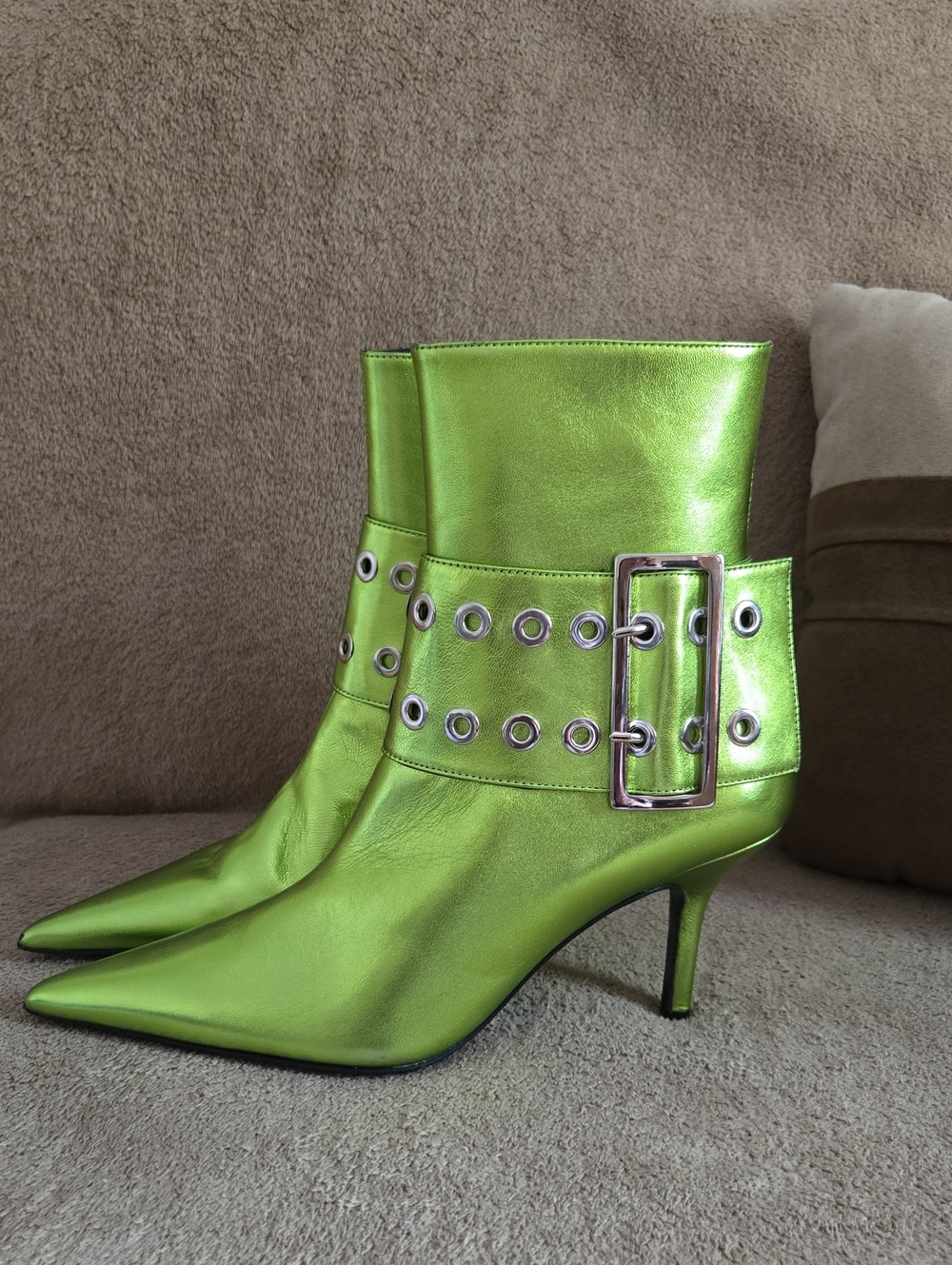 Lime Green Leather Statement Heeled Boots | Silver Buckle Detail | Made in Spain